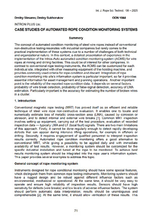 Case studies of automated rope condition monitoring systems. — &lt;/br&gt;D. Slesarev, D. Sukhorukov. International Journal of Rope Science and Technology, 106- 2025, pp. 76-83